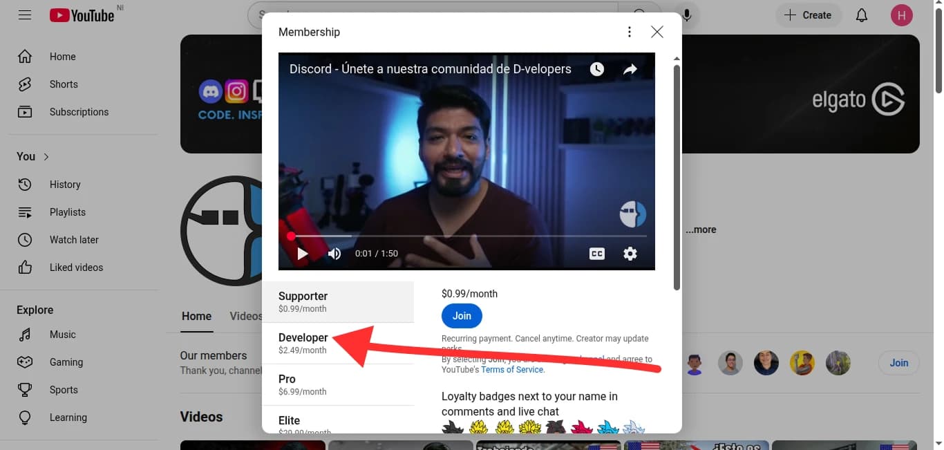 YouTube membership screen with the Join button highlighted